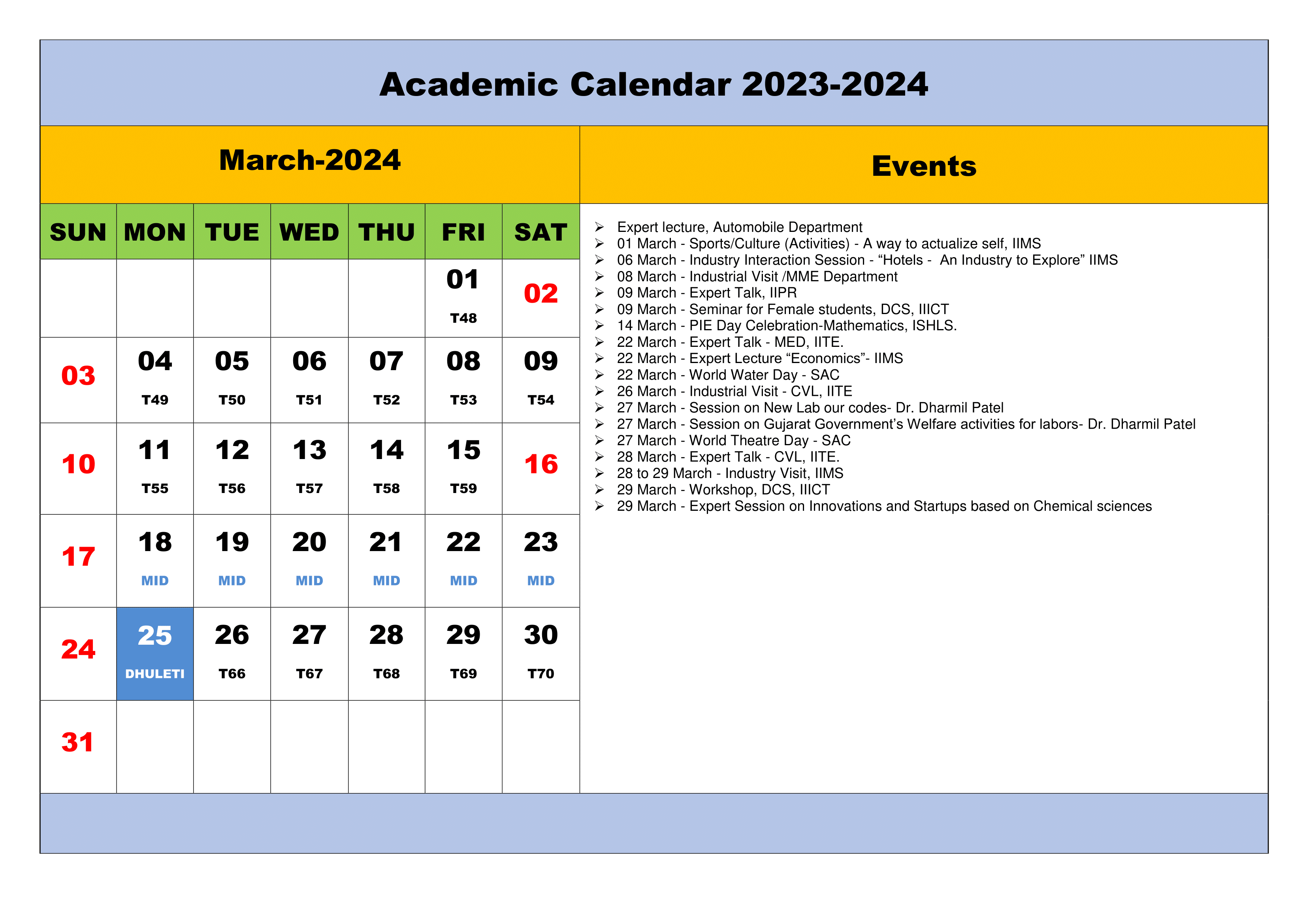 Indus University Academics Calendar for 2022-23