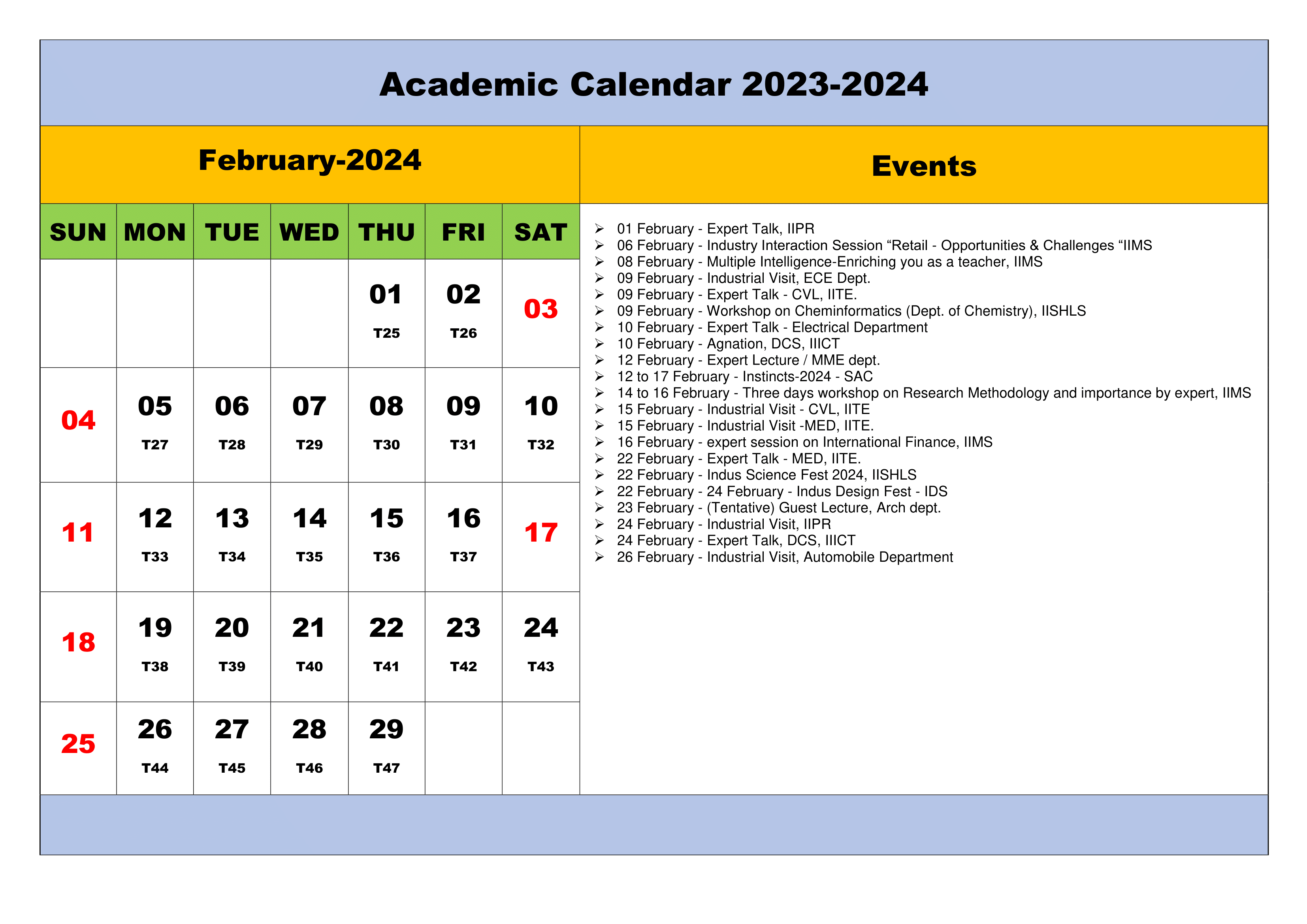 Indus University Academics Calendar for 2022-23